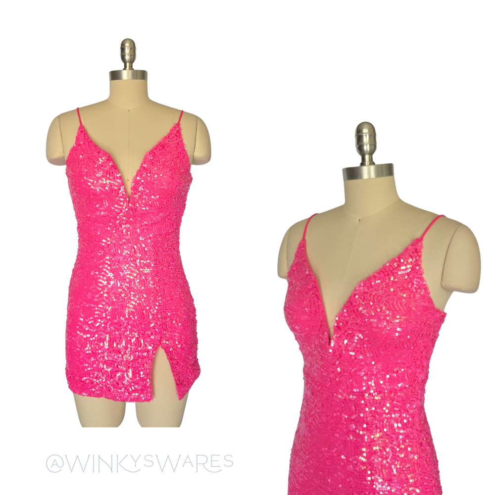 Lucy in the Sky Charlene Sequin Bodycon Dress Hot Pink Size XS HoCo Mini Plunge